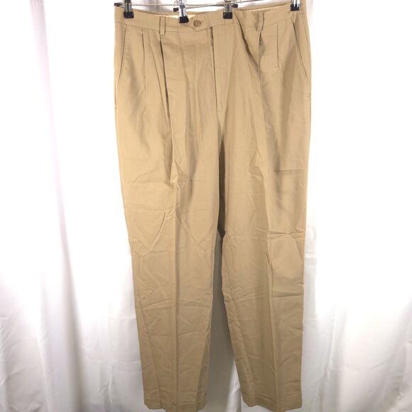 Hart Schaffner Marx Mens 38x32 Beige Super 100s Wool Pleated Cuffed Dress Pants - Picture 1 of 8